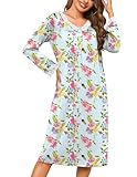 Ekouaer Long Sleeve Nightgowns for Women Long Button Lace V Neck Nightshirts Winter Night Gown Green Pink Floral XL
