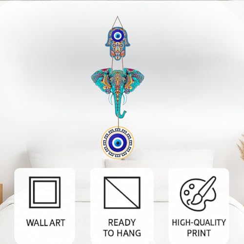 Image of DAKSHESTRY ARTWORKS Evil Eye Wall Hanging | Nazar Protection Hanging with Elephant & Hamsa Hand | Boho Spiritual Home Decor | Ready to Hang Decorative Wall Accent (ewh)