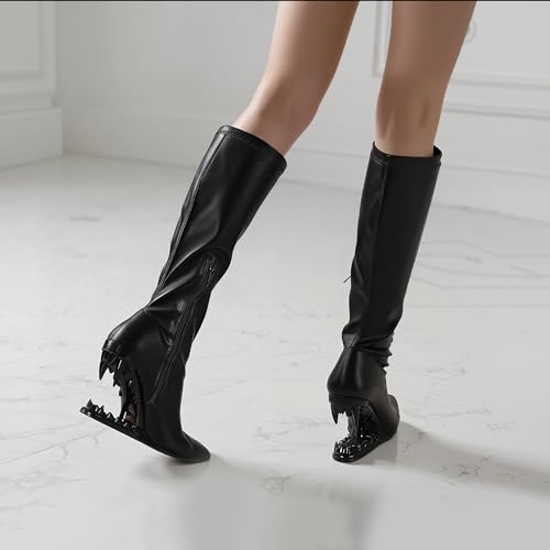 Goiphrri Knee High Boots Women Heeled Wedges Boot Pointed Toe Teeth Heel Tall Black Boots Half Side Zipper Wide Calf Pull On Fall Boot Heels for Women2