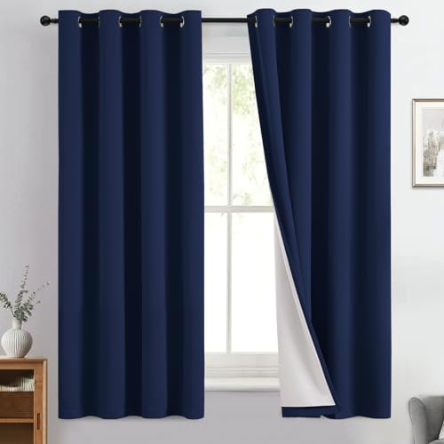 Image of Yakamok Navy Blue 100% Blackout Curtains 63 Inches Long 50 inch Wide, 2 Panels | Blackout Curtain Panels for Bedroom, 2 Thick Layers Grommet Top Thermal Insulated Drapes with White Back for Living Room