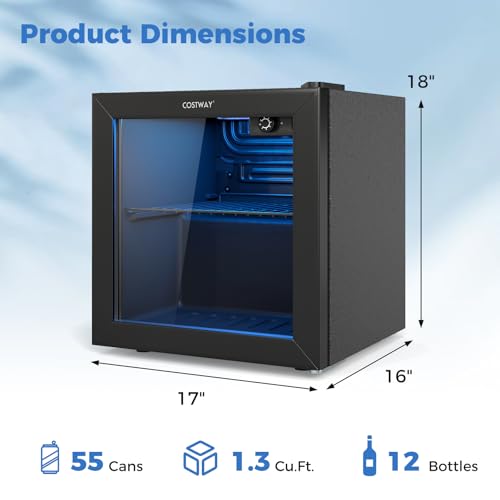 Image of COSTWAY Beverage Refrigerator Cooler, 1.3 Cu. Ft. 12 Bottles 55 Cans Mini Fridge with Tempered Glass Door, Removable Shelf & Adjustable Temperatures, Compact Drink Cooler for Wine, Beer & Soda