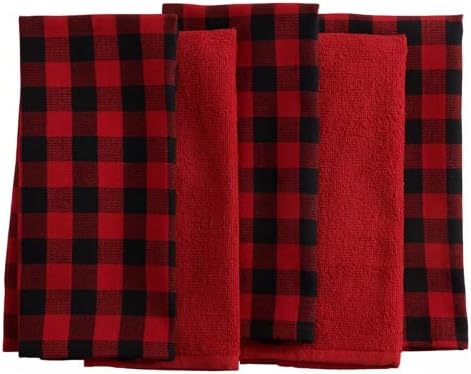 St. Nicholas Square Kitchen Dish Towels Set of 5 - Buffalo Plaid Red and Black Check and Solid Red for The Christmas Holidays, 16.5 x 26, Cotton Construction