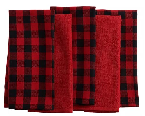 St. Nicholas Square Kitchen Dish Towels Set Of 5 - Buffalo Plaid Red And Black Check And Solid Red For The Christmas Holidays, 16.5 X 26, Cotton Construction #TOP22