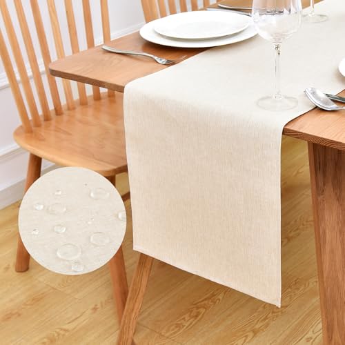 Inmerget Rustic Farmhouse Faux Linen Table Runner 33x92 cm (13x36 inch), Water Resistant Wipe Clean Polyester Dresser Scarf for Kitchen, Dining & Holiday Banquets (Neutral)