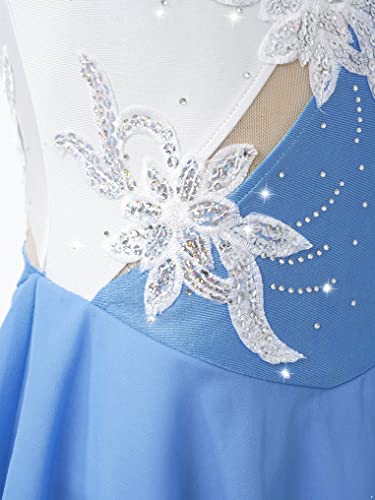 Oyolan Kids Girls Shiny Floral Rhinestone Sleeveless Dance Gymnastics Leotard Dress Figure Ice Skating Dress Light Blue C 10 Years #TOP5