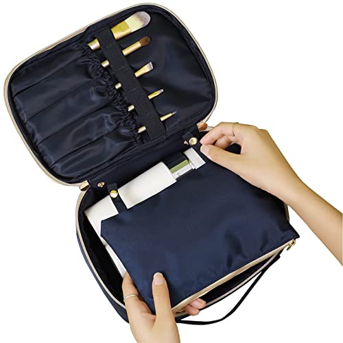 Small Makeup Bag Travel Cosmetic Bags Gift For Women Girls 2-In-1 Zipper Pouch Toiletry Bag Organizer Waterproof Cute (Navy Blue） #TOP2