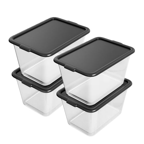 Image of SIMPLYKLEEN Storage Totes with Lids - Made in USA 14.5-Gallon (58-Quart) 4-Pack Clear Plastic Storage Bins with Black Lids Storage Containers Large Storage Boxes Organizer for Home, Office, and Garage