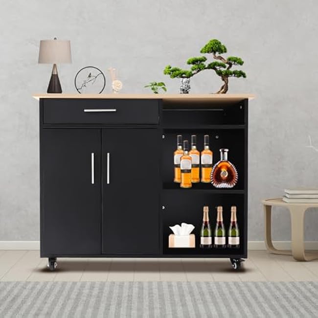Rolling Kitchen Island Side Table on Wheels - Modern Black Kitchen Cart with Large Storage, Silent Wheels, and Multi-Functional Use for Home Decor-mXdlec7k