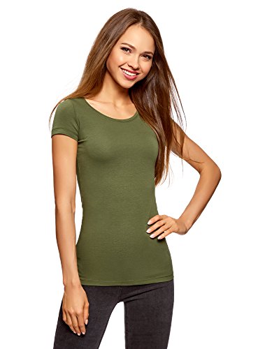 oodji Ultra Damen Tailliertes T-Shirt Basic, Grün, DE 36 / EU 38 / S