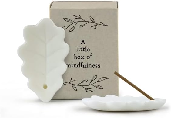 East of India Matchbox Incense Holder & 9 Incense Japanese Style Sticks Black Pomegranate Scent Porcelain Stand Inspirational Quote ""A Little Box of Mindfulness"" Aromatherapy 4.5 x 3.4 x 2cm, White