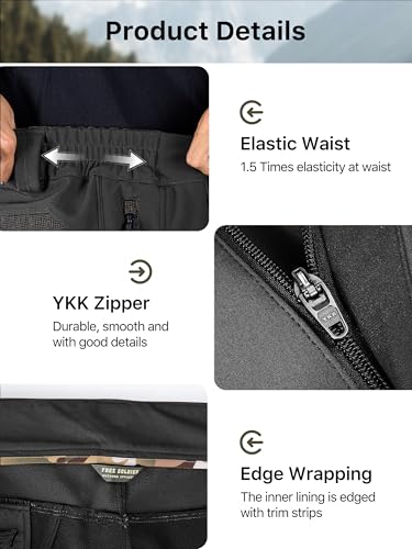 FREE SOLDIER Men's Fleece Lined Outdoor Cargo Hiking Pants Water Repellent Softshell Snow Ski Pants with Zipper Pockets (Graphite Black 30W x 32L) - Thumbnail 6