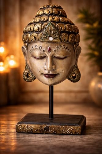 Marblechic Cabeza de Buda de madera Albesia 30 cm – Escultura artesanal india pintada a mano – Decoración Zen dorado envejecido