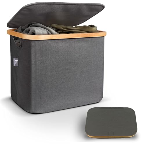 Hennez 40L Storage Basket with Lid For IKEA Kallax - Lidded Fabric Storage Box - Collapsible Laundry Baskets with Handles Box Bamboo Canvas Storage Box Grey Small Storage Baskets Laundry Shelf Storage