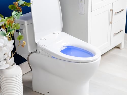 Image of ALPHA BIDET iX Pure Bidet Toilet Seat in Elongated White | Ultra Low Profile | Endless Warm Water | Arced Stainless Steel Nozzle | Blue LED Nightlight | Dryer