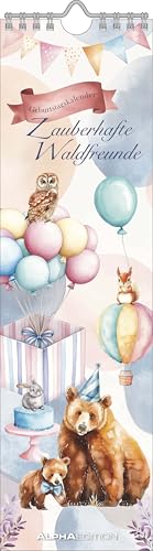  Alpha Edition - Calendario di compleanno Incantevole forestale 2026 – Calendario a righe perpetuo 9,5 × 33 cm, design sostenibile per compleanni e anniversari, idea regalo decorativa