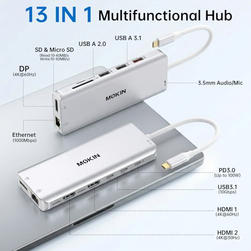 Image of USB C Laptop Docking Station Dual Monitor Dual HDMI 4K DP Triple Display Hub, 13 in 1 MOKiN USB C Hub with 3 Monitors, DisplayPort, USB 3.1, RJ45, 100W PD, Card Reader, Audio /Mic, for Dell HP, Sliver