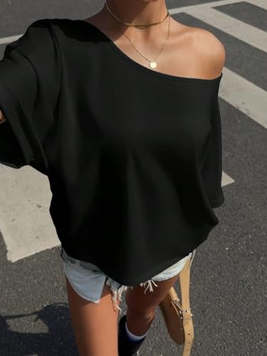 Image of SXV STYLE Women's Off-Shoulder T-Shirt, Short Sleeve, Casual Loose Fit, Black