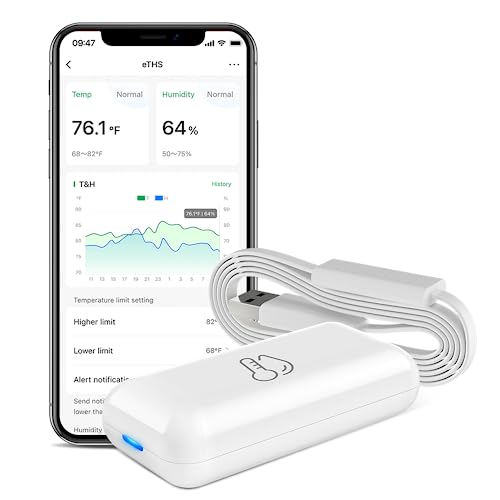 Sensor de temperatura y humedad WiFi eTHS LinknLink Notificaciones de aplicación, almacenamiento de datos 3 años, compatibilidad con Alexa y Google Home, Modbus TCP, monitoreo remoto para invernadero,