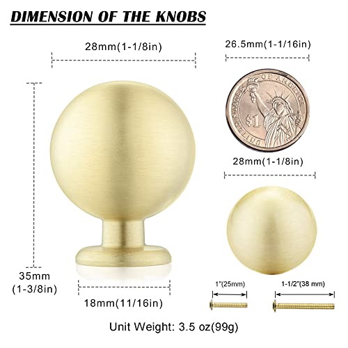 Qogrisun 5-Pack Solid Brass Cabinet Knobs, Round Ball Gold Knobs For Dresser Drawer, 1.1-Inch Diameter, Modern Kitchen Hardware, Brushed Brass Finish #TOP5