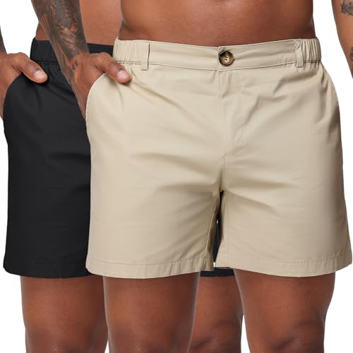 Image of Oymyakon Men's 6 Inch Shorts Casual Cotton Flat Front Chino Shorts Summer Elastic Waist Pull On Short with Pockets