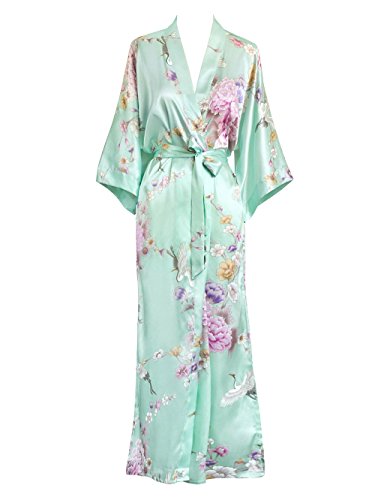 Women's Satin Kimono Robe Long - Floral - Chrysanthemum & Crane - Aqua