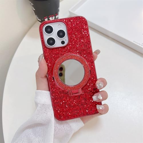 Étui de support de miroir de maquillage magnétique à paillettes rouge pour iPhone 11 Pro Max
