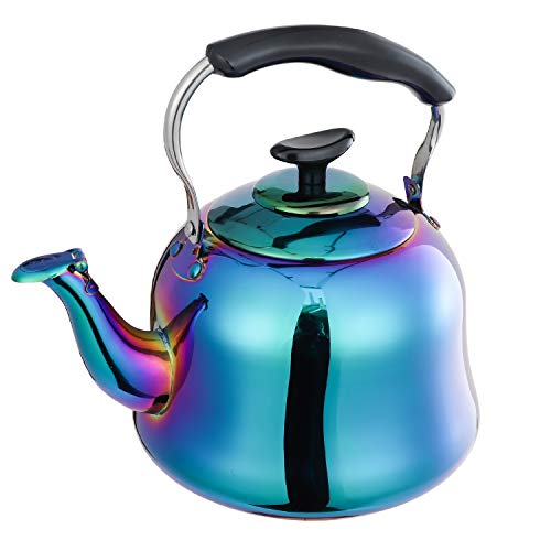 Whistling Tea Kettle Stainless Steel Teapot Rainbow Teakettle for Stovetop Induction Stove Top Fast Boiling Heat Water Tea Pot Colorful 2-Liter 2.1-Quart
