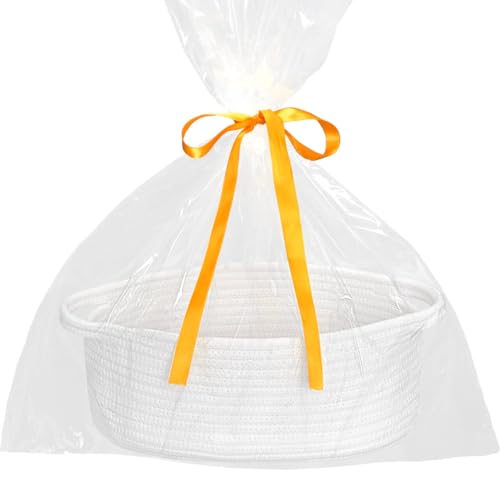 ABenkle Small Woven Easter Basket with Handle, 12x8x5 inches, Durable Decorative Gift Basket Nursery Storage Organizer for Baby Showers Holidays, Gift Wrap Ready with Ribbon, White