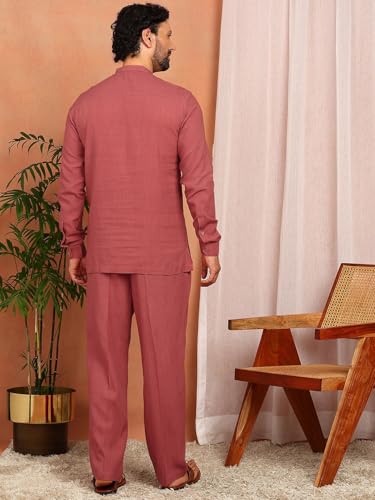 Image of See Designs Men's Full Sleeve Mandarin Collar Linen Solid Pathani Set