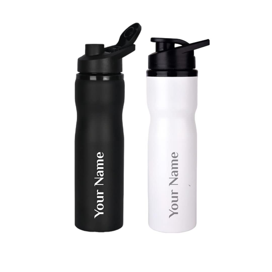 Giftana Personalized Water Bottle with Name, Pack of 2, Custom Engraved Steel Water Bottle 750ml, Sipper Sports Water Bottle Gift Set, Diwali Customized Name Gifts for Couple, Black and White