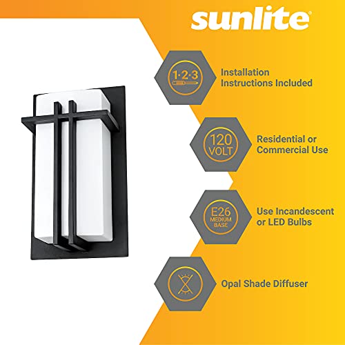 Image of Sunlite 40805 Decorative Square Wall Sconce Light Fixture, Medium Base Socket (E26), 3 Pack 9W LED (60W Equivalent) 3000K A19 Bulb, Indoor, Opal Shade, Matte Black, Bathrooms, Hallways & Entryways