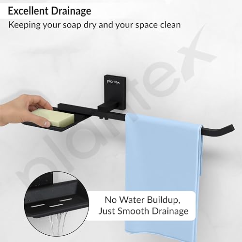Image of Plantex 304 Grade Stainless Steel Soap Dish with Napkin Ring /Soap Stand /Soap Holder /Napkin Holder /Towel Hanger for Bathroom /Bathroom Accessories - Pack of 1 (Crystal, Black)