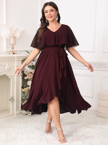 Image of Women Plus Size Long Formal Dress Short Sleeve Chiffon Ruffle V Neck High Low Split Wedding Guest Maxi Dresses