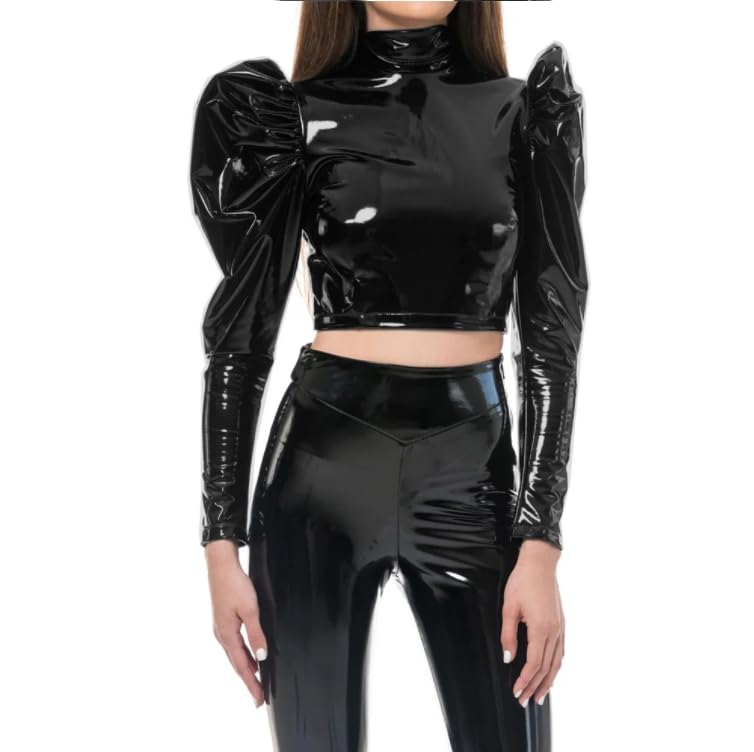 Wetlook - Blusa corta de cuello alto para mujer, manga larga abombada, cremallera trasera, blusa delgada de piel de PVC, ropa de club, personalizada
