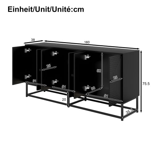 vutizal Sideboard Schwarz Matt 160cm, Aufbewahrungsschrank Modern mit Relief-Design, 3-türige Kommode offen für Wohnzimmer Arbeitszimmer, 160x38x75.5 cm