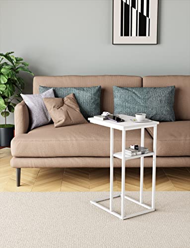 Innerjoin C Shaped End Table, C Side Table With Metal Frame, Tv Tray Table For Sofa, Bed, Rustic Vintage Style, White #TOP1