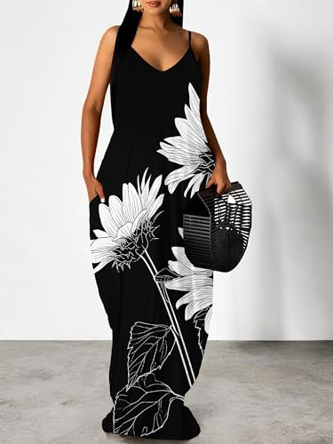 Image of Women's Summer Maxi Dress Spaghetti Strap Floral Boho Beach Long Sundress with Pockets