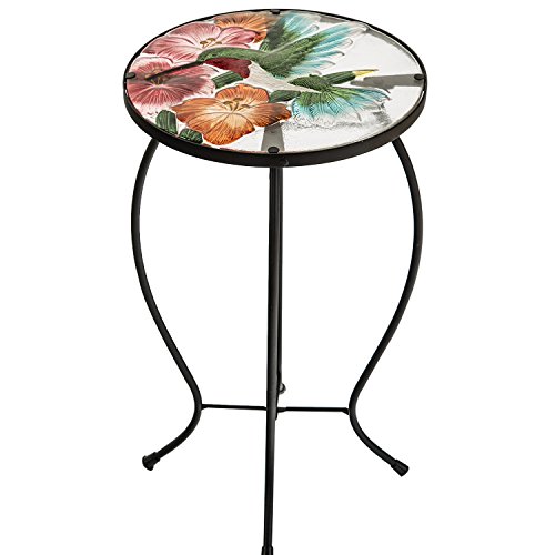 CEDAR HOME Side Table Outdoor Garden Patio Metal Accent Desk with Round Hand Painted Glass