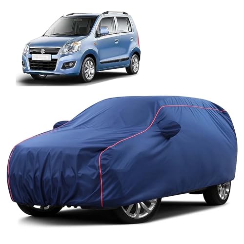 Image of Sulfar 100% Water Resistant Car Body Cover Compatible with Mirror for Maruti Suzuki New Wagonr (2010 (Triple Stitched, Full Bottom Elastic, Blue Taffeta with Red Piping)
