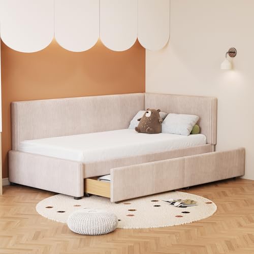 BENMWS Cama tapizada sofá cama 90 x 200 cm, cama multifunción con 2 cajones grandes de almacenamiento y somier, tela aterciopelada respetuosa con la piel, beige (sin colchón)