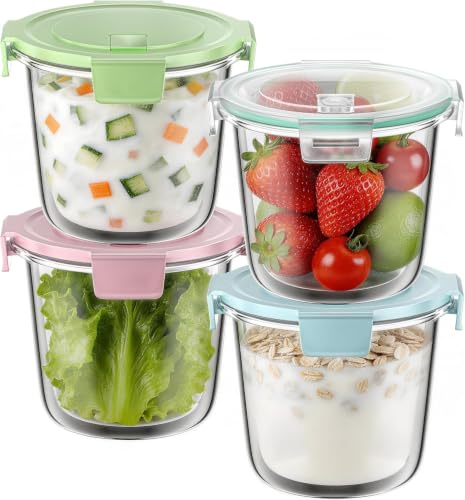 MICHIHOMIE 4 Pack 710ml Round Glass Food Storage Containers with Airtight Lids Leak-Proof Meal Prep Bowls for Soup Salad Lunch Porridge BPA-Free Microwave Freezer Dishwasher Safe