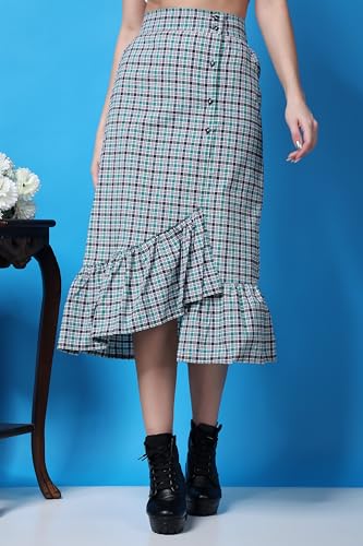 Image of POPWINGS Casual Check Print Long Flare Skirt for Women | Cotton Skirt for Women Skirt for Women