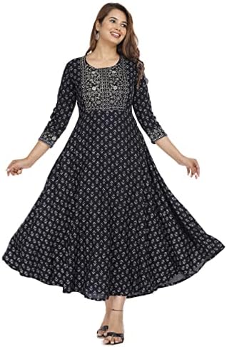 Women's Embroidered Printed Rayon Long Kurti for Regular Wear Girls Flared Kurta