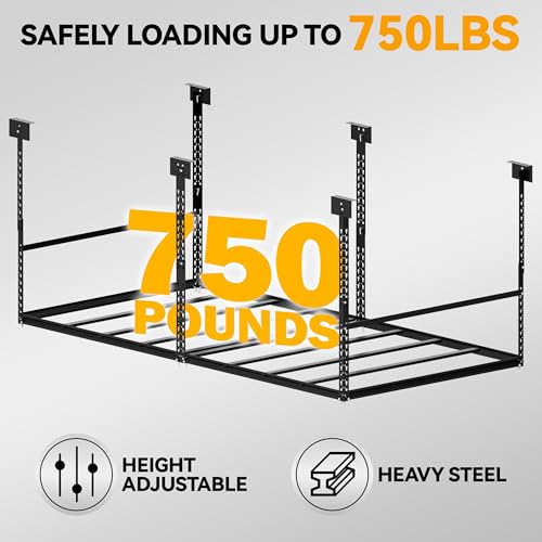 Image of 4x8 Ft Overhead Garage Storage Rack, 28-41 inch Height Adjustable Ceiling Mounted Organization Rack, 750 lbs Weight Capacity, 48 inchx96 inch Metal Rack for Garage Storage with Hanging Rods