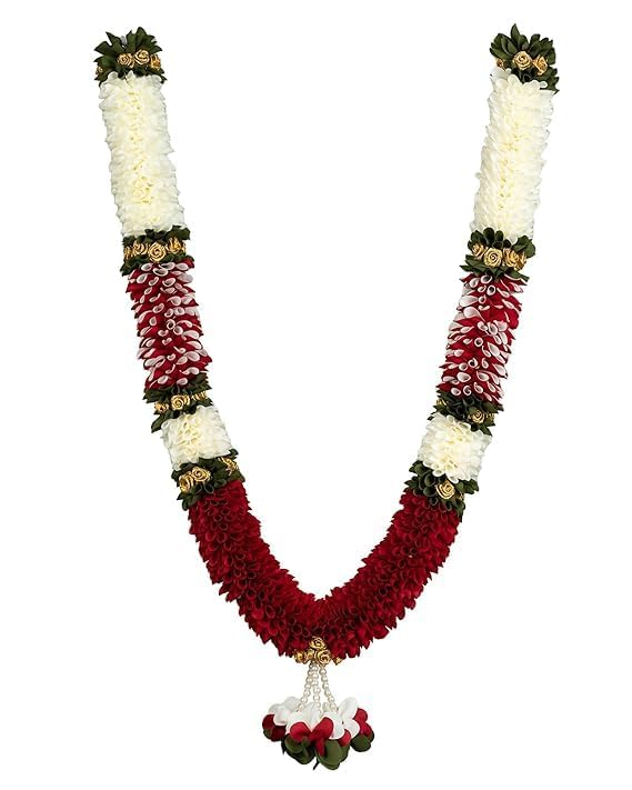 Handmade Artificial Flower Garland – White, Green & Maroon Mala for Photo Frame, God Idols, Pooja Room & Home Décor – 65 cm-image-33