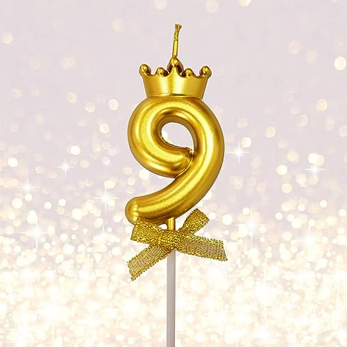 Image of 1 Pc 9 Number Candle for Birthday Cake Metallic Gold Number 9th Birthday Cake Decoration Nine Candle with Crown on Top Cake Topper 0-9 Number Candles for Anniversary (Pack of 1, Gold)