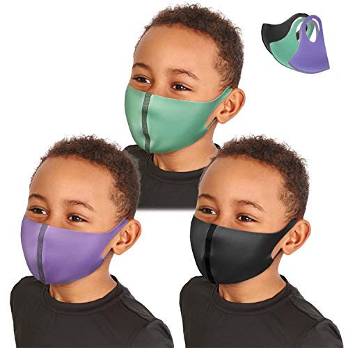 Kids Sports Dry Fit Face Protective Covering Gear Washable Reusable Double Fabric Layers Baseball Basket Ball Biking Out Door Activities (3 Pack, Pastel Purple, Mint & Black)