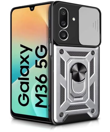 Image of WOW IMAGINE Tough Armor Bumper Mobile Back Case for Samsung Galaxy M36 5G | Sliding Camera Shield Cover | Shock Proof 360 Protection | Hybrid PC + TPU | Ring Holder with Kickstand - Silver