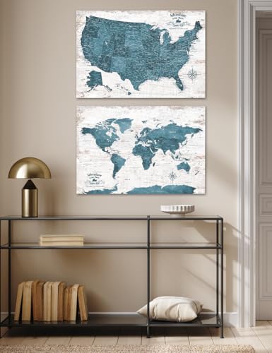 Image of IPIC - Vintage Teal World & USA Map Canvas Wall Art Set of 2, Push Pin Travel Maps to Track Your Travels, Rustic Style Canvas Wall Decor for Home, Office or RV, Ready to Hang