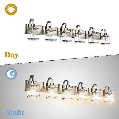 Image of 6-Light Bathroom Light, Brushed Nickel Vanity Light Fixture Over, Mirror,Modern Wall Lamp with Clear Glass Shade Wall Sconce Lighting for Living Room, Bedroom, Hallway